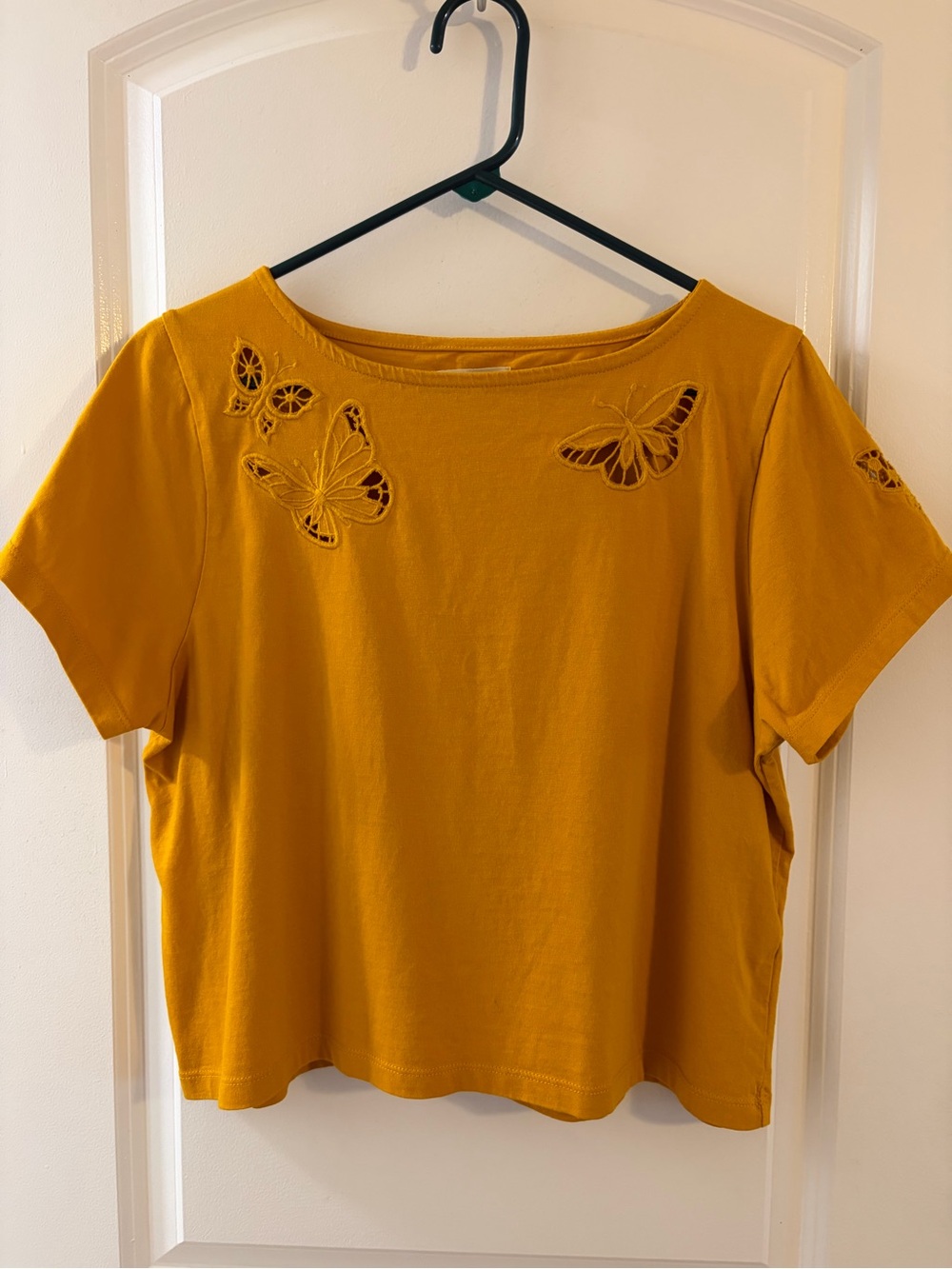 Women's Mustard Yellow Butterfly Cutout Short Sleeve Top - Picture 7 of 15